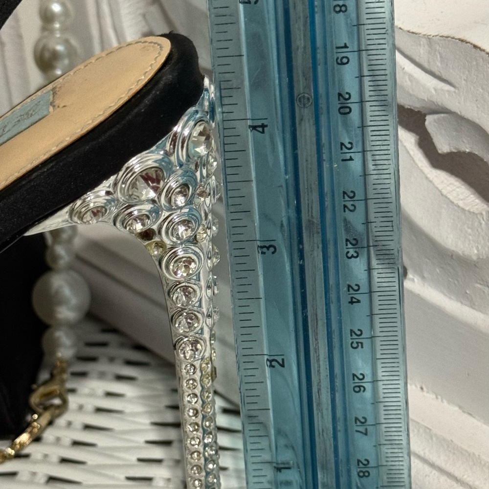 Betsey Johnson black satin sling back/peep toe with rhinestone heels. Size 8.5 - Picture 6 of 10